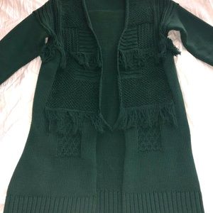 Long forest green fringe cardigan